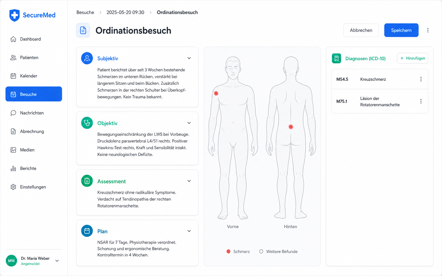 Besuchsansicht mit SOAP-Dokumentation, Body-Map und ICD-10-Diagnosen
